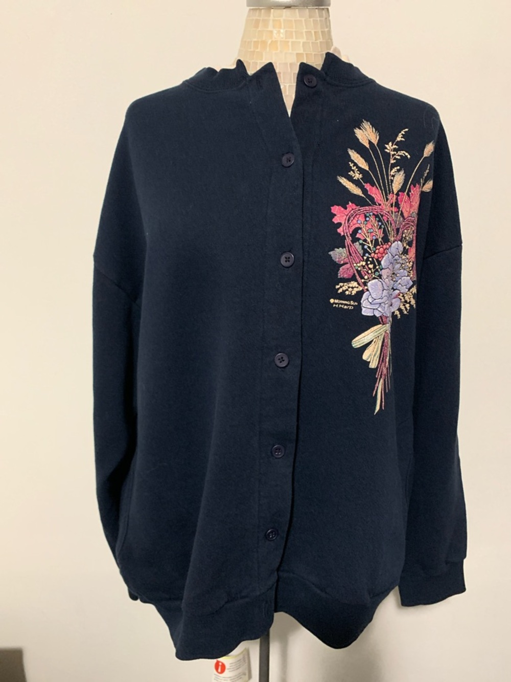 Morning Sun Navy Button-Up Cardigan with Floral Embroidery